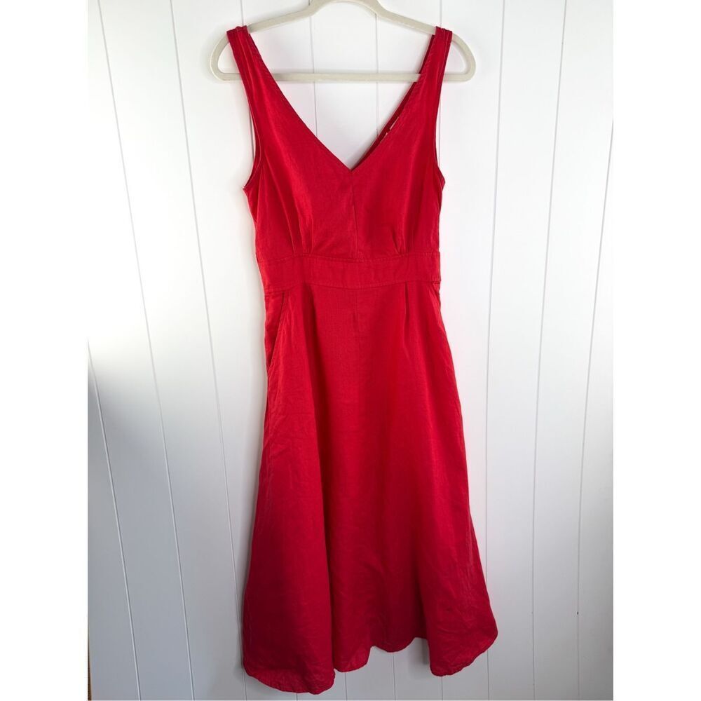 Joie 100% Linen Natural Red Midi V Neck Tank Dress Size 8